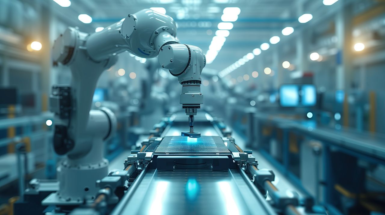 Photo d’illustration : bras robotisé au-dessus d’une ligne de production.