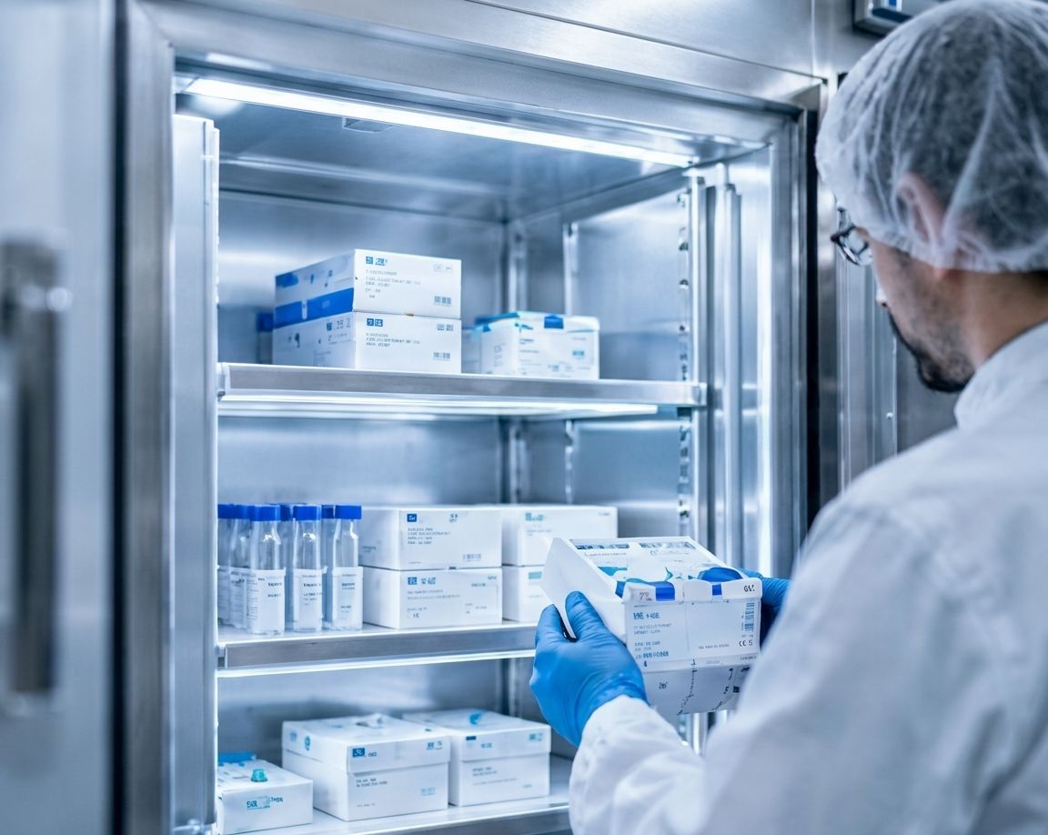 Illustration : un réfrigérateur pharmaceutique ouvert, boîtes et flacons sur les clayettes, une main gantée y pose une boîte.
