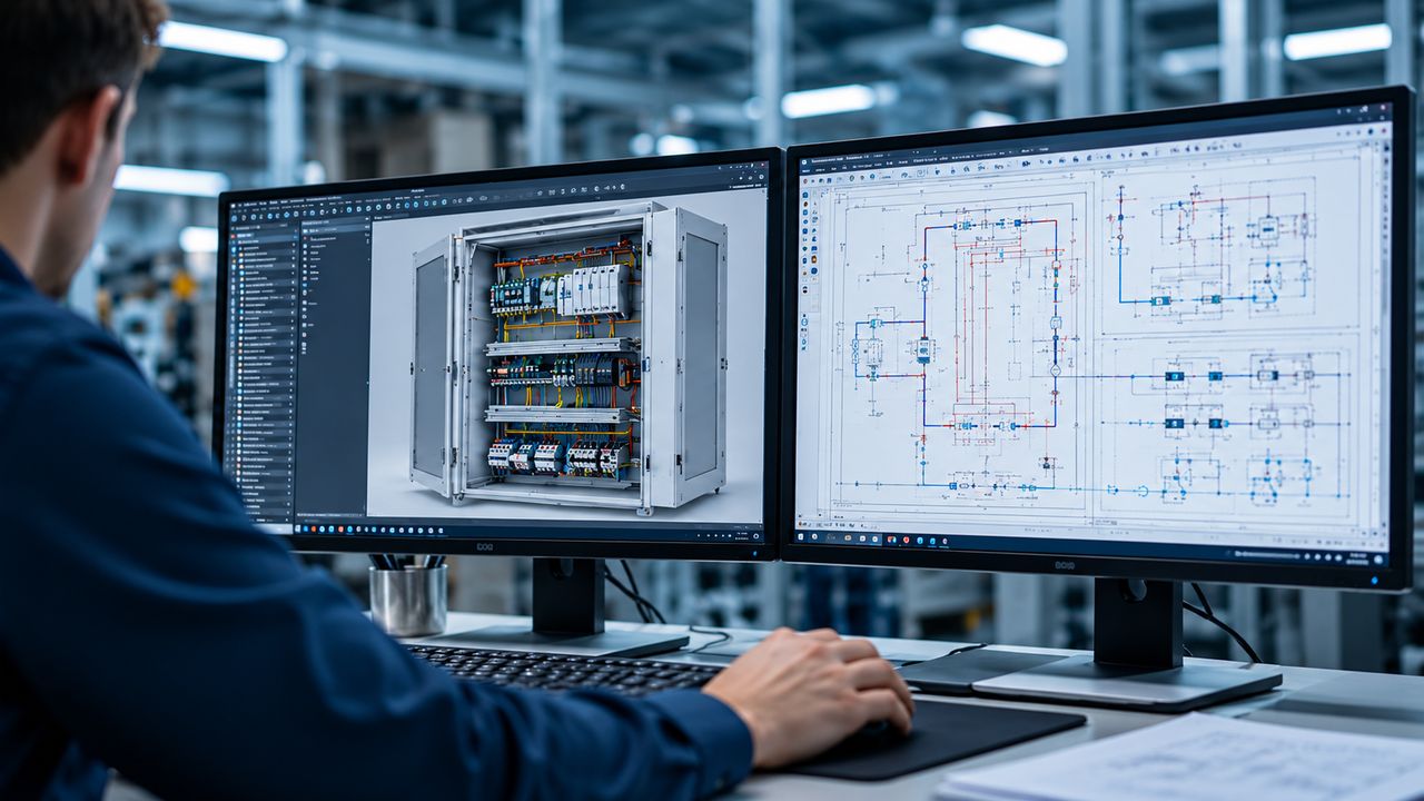Illustration : un technicien, de dos, devant deux écrans, le modèle 3D d’une armoire électrique et son schéma.